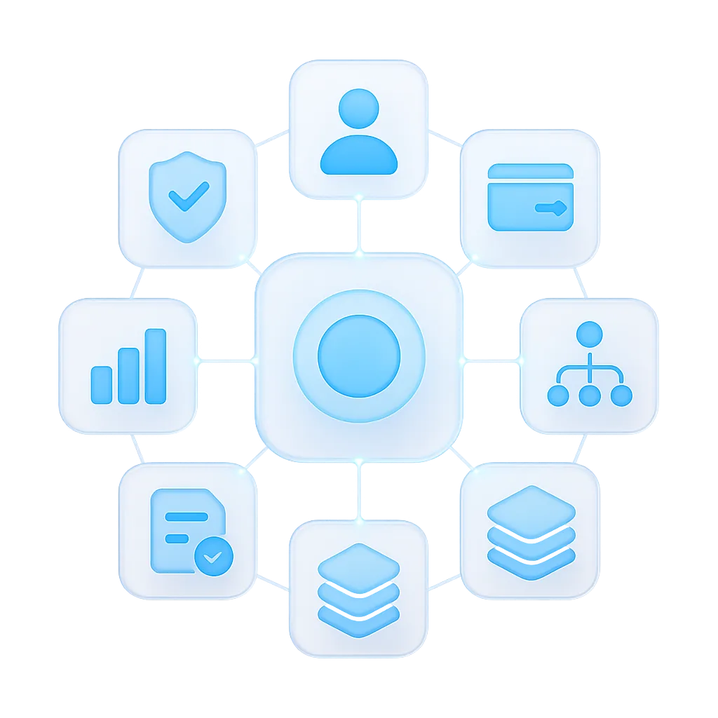 Graphical illustration of the broker CRM core and its connection to client operations, KYC, payments, IB and reports