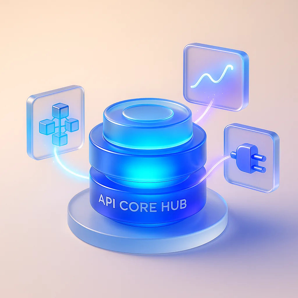 Visual diagram of the Exchange API Core Hub — data flow from blockchain nodes and market sources to the Gateway and exchange backend