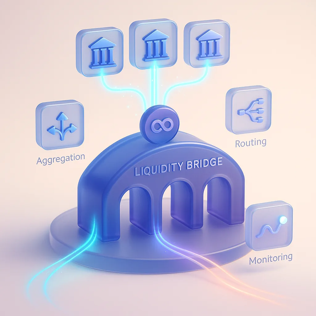 نمایش گرافیکی منبع نقدینگی Liquidity Provider — استخر نقدینگی متصل به دارایی‌های FX، کالا، شاخص و دیجیتال و کانال اجرای بروکر